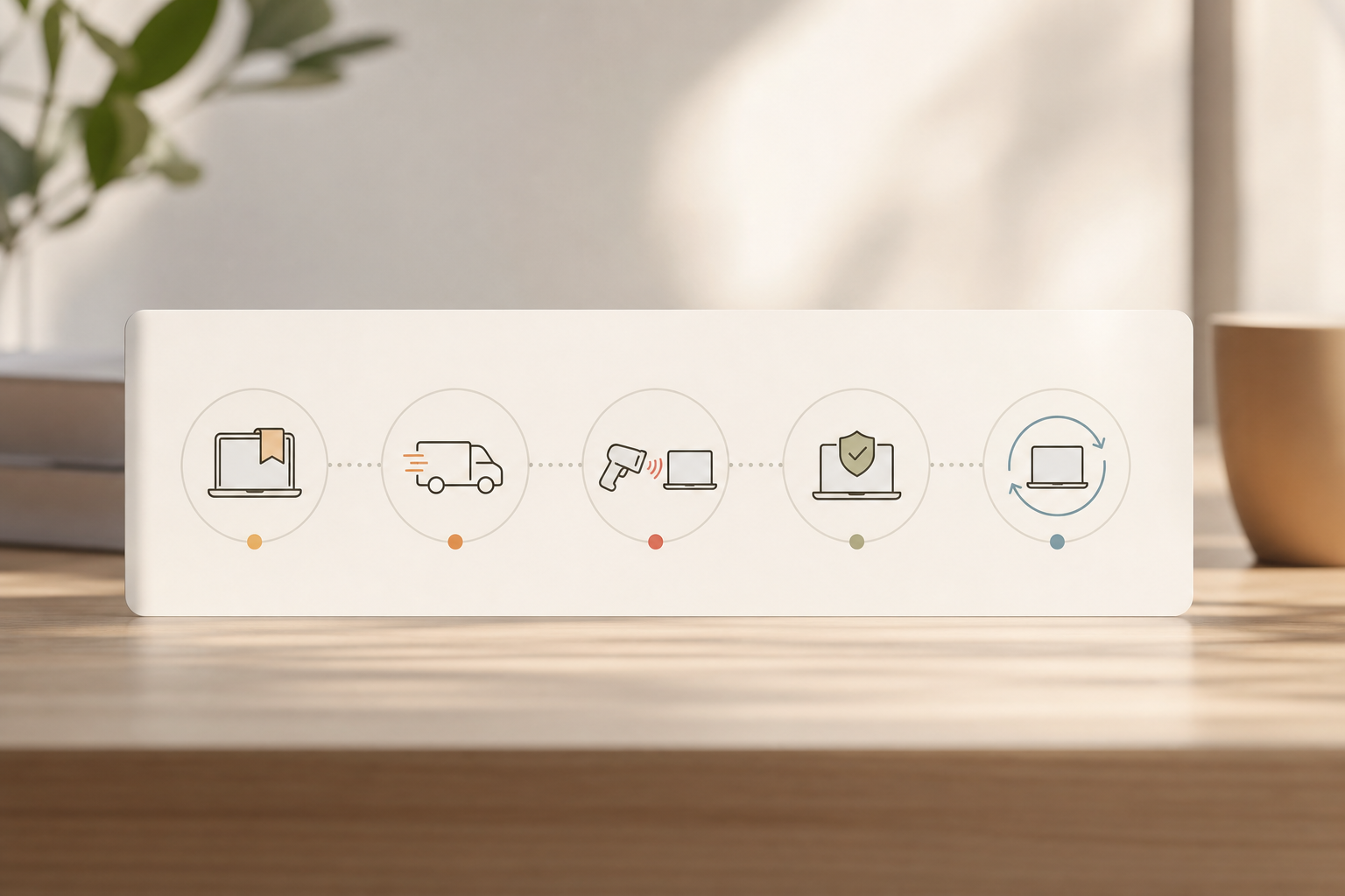 Illustration: remote asset return workflow with shipping label, courier pickup, and condition photos