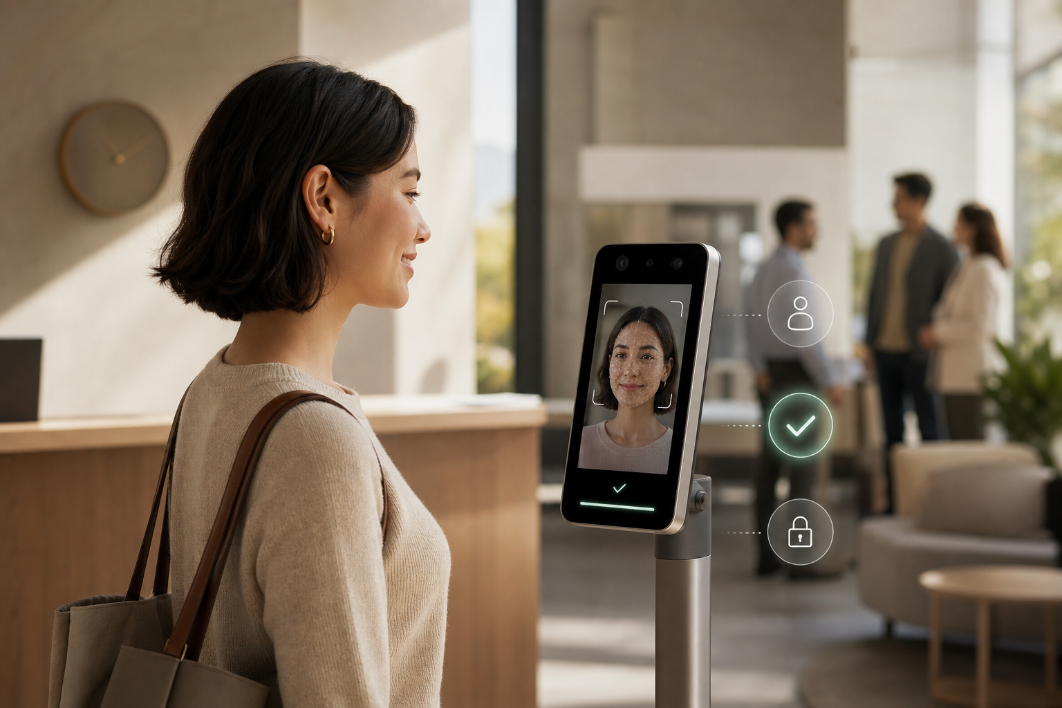 face recognition attendance and access control kiosk scanning an employee at a small office entrance