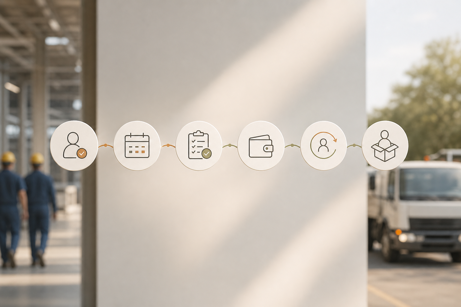 Infographic summarizing biometric attendance, GPS tracking, shift dashboards, access control, payroll rules, and offboarding automation across a plant and field team