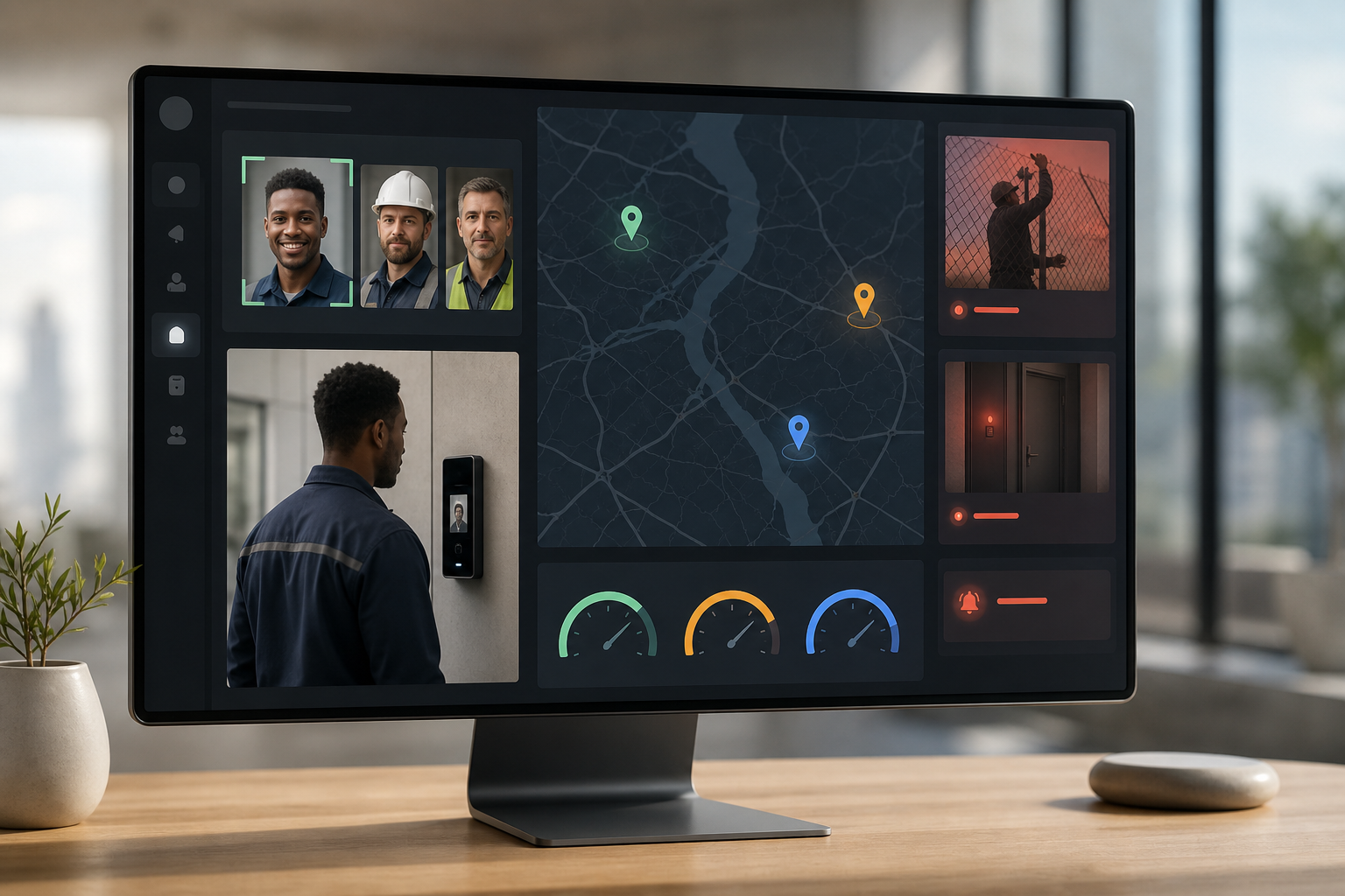 employee monitoring and productivity tracking dashboard for a manufacturing plant, showing shift attendance by face ID, live field team map, and supervisor KPIs