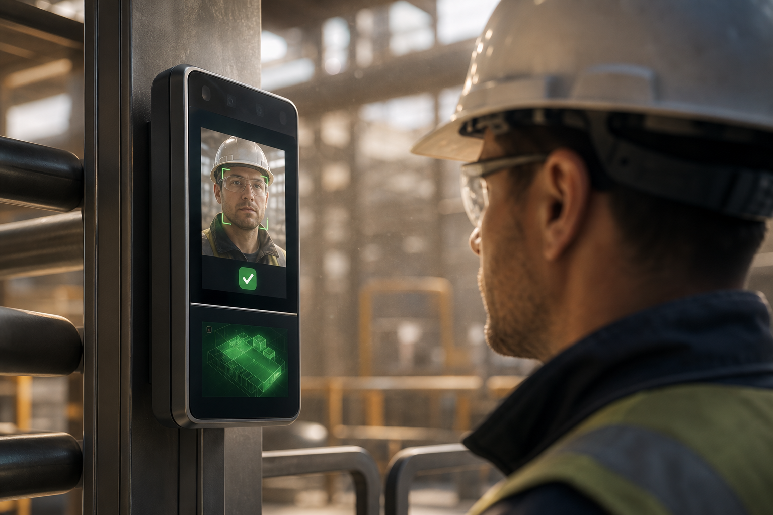 Facial recognition access at factory turnstiles